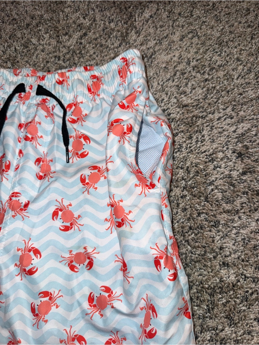 Youth Sz 10 - Crab Print Swim Shorts - White & Light Blue with Red Crabs - Picture 2 of 5